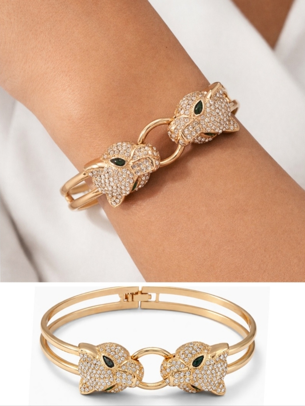 Nwt Aldo Wild Majesty Panther Leopard Head Crystal Hinged Bangle Bracelet Gold